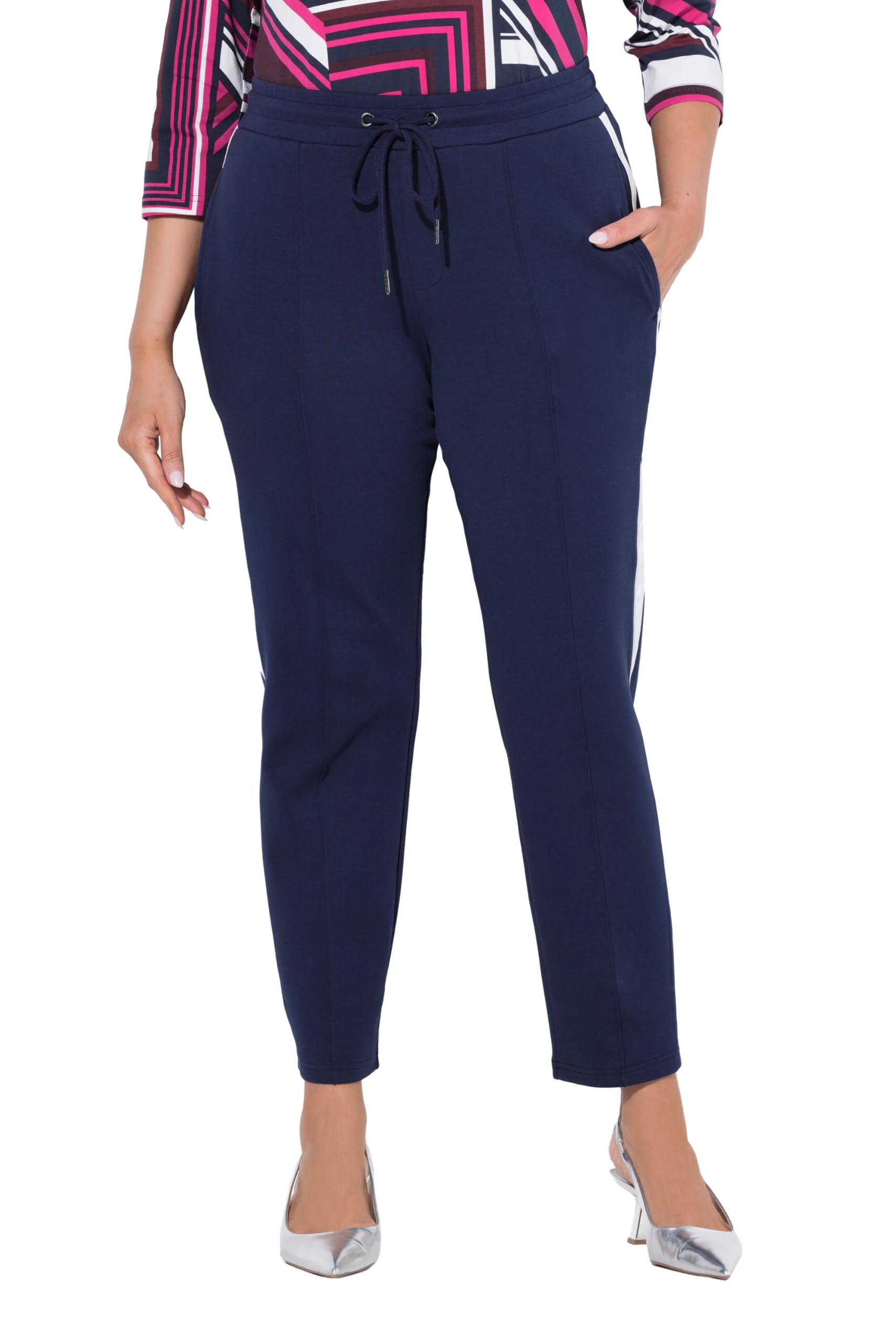 Ulla Popken Damen große Größen Übergrößen Plus Size Punto-Hose, Galonstreifen, konisches Bein, Elastikbund 841862