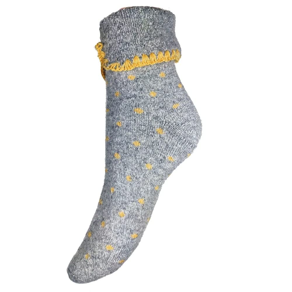 Joya Luxurious Cuff Bed Wool Blend Socks UK 4-7 EU 36-40 Grey With Mustard Dots