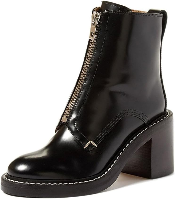 FSJ Women Comfy Stacked Low Heels Ankle Boots with Front Zipper Round Toe Handmade Shoes Size 4-15 US