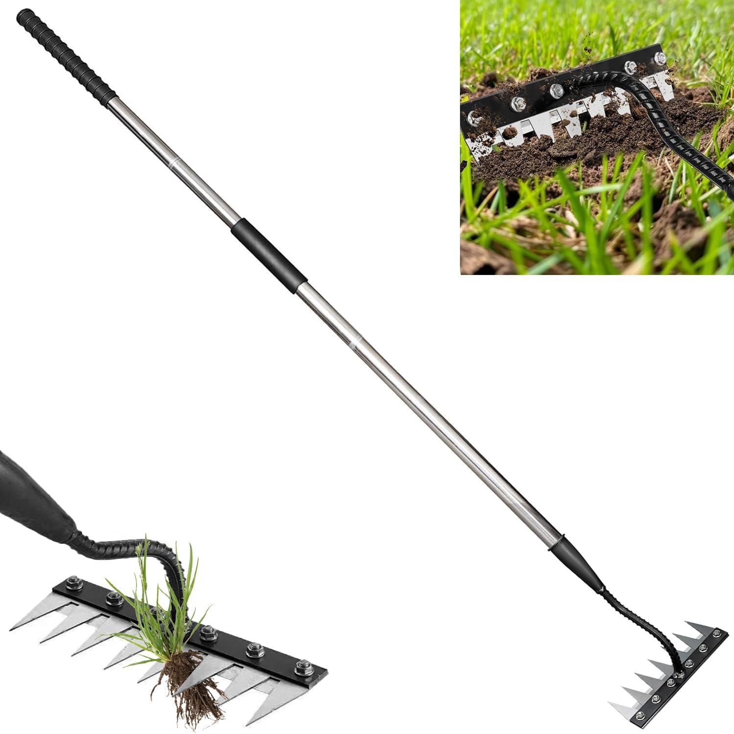 Iron Weeding Rake with Long Handle 2.0, 7 Teeth Manual Weed Remover Tool Heavy Duty Manganese Steel Weeder Puller Tool for Weeding, Yard, Farm...