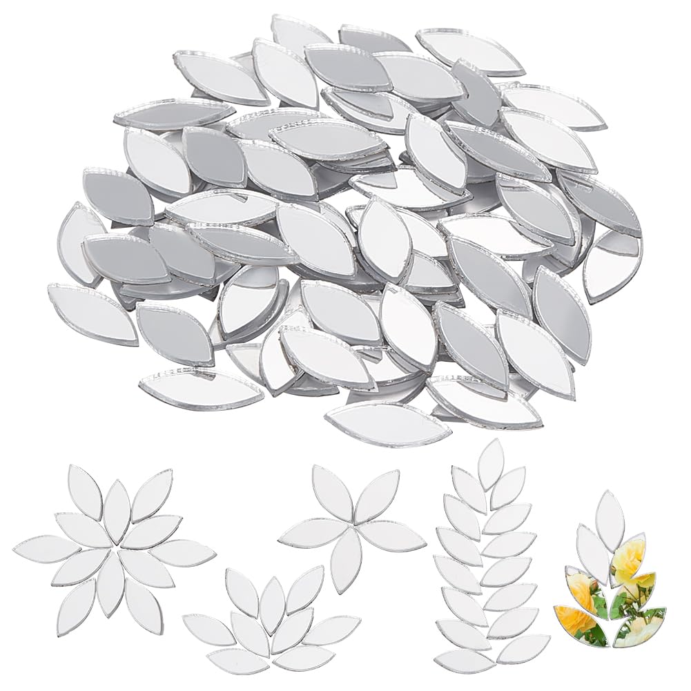 OLYCRAFT 300Pcs Self-Adhesive Leaf Mosaic Tiles 0.4x0.2 Inch Mirror Mosaic Tiles 0.8mm Thick Mini Acrylic Mirror Tiles Silver DIY Mirror Mini Mirrors for Crafts Art Wall Door Home Decorations