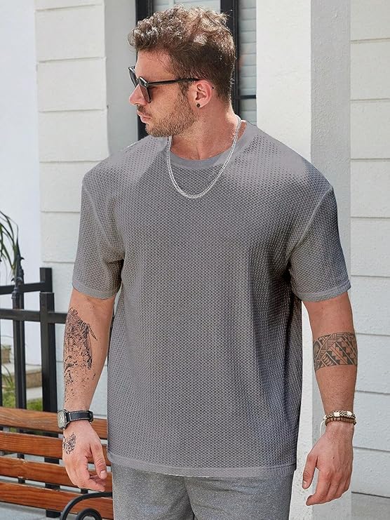 Image of Men Solid Waffle Round Neck Oversized /Dropshoulder |Baggy| Summer T Shirt for Ment Shirt