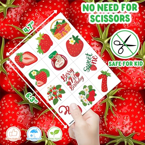 Image of 96PCS Strawberry Berry Pre-Cut Temporary Tattoos for Kids | | Super Cute 1st Themed Birthday Party Favors, Supplies, Decorations, Fake Tattoo Stickers Rewards & Gifts For Boys & Girls