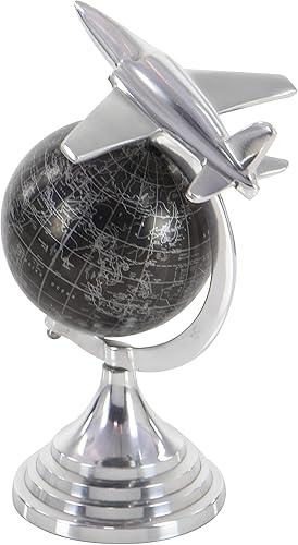 Miniatura 9 de Deco 79 Globo de aluminio con mapa mundial de avión, 8 x 8 x 12 pulgadas, plateado
