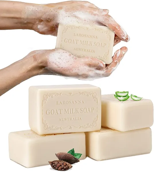 larosanna Australian Goat Milk Soap,Helps Moisturize,Smooth & Cleanse Skin,Triple-milled Bar Soap with Cocoa Butter,Aloe Vera and Pure Plant Oil,Body Soap Bars 6.3 oz for Adults & Babies,Pack of 4