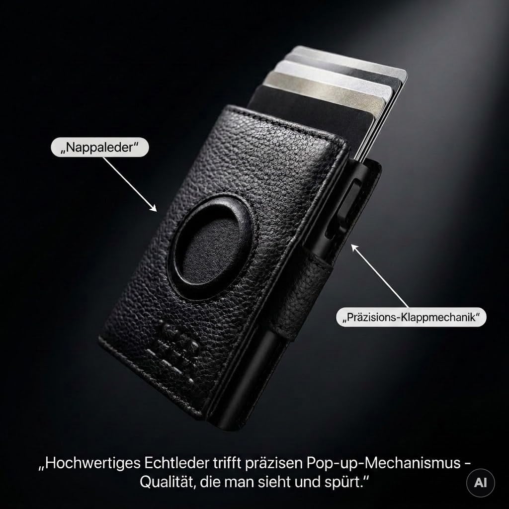 Geldbörse Herren Leder mit AirTag-Halterung, Portemonnaie Herren mit Münzfach & RFID-Schutz, Slim Pop-up Kartenfach für bis zu 10 Karten + ID-Fenster & Geldscheinfach, Schwarz