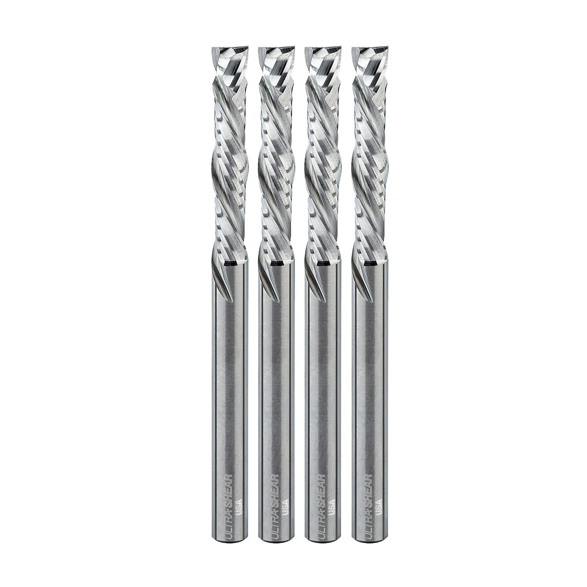 Ultra-Shear Compression Router Bits, 1/4" CD, 1/4" SH, 1-1/2" CL, USA Made Solid Carbide Spiral Bit for CNC, Hand & Table Routers (4 Pack)