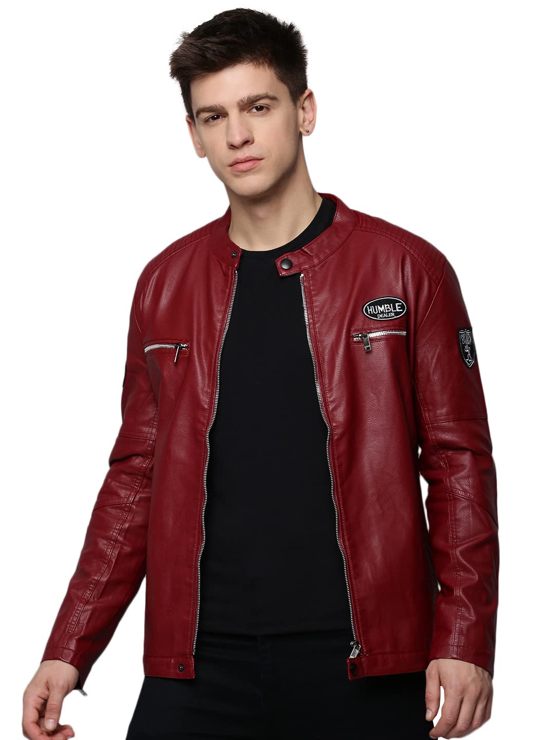SHOWOFF Men’s Mandarin Collar Maroon Solid Leather Jacket-1928_Maroon