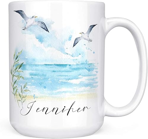 Custom Name Beach Seagull Watercolor Ceramic Coffee Mug, 11 oz or 15 oz