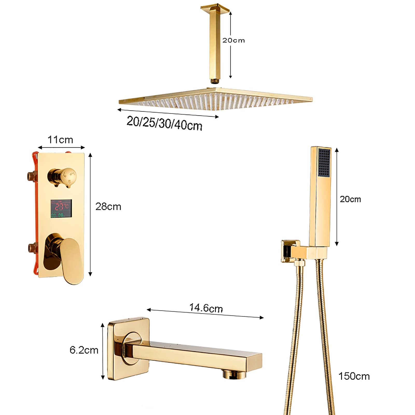 Sistema doccia a pioggia Gold Display Digitale Bagno Rubinetto Set, Ottone Pioggia Miscelatore Doccia con Soffitto Montato Soffitto, Doccia Palmare e Vasca Beccuccio