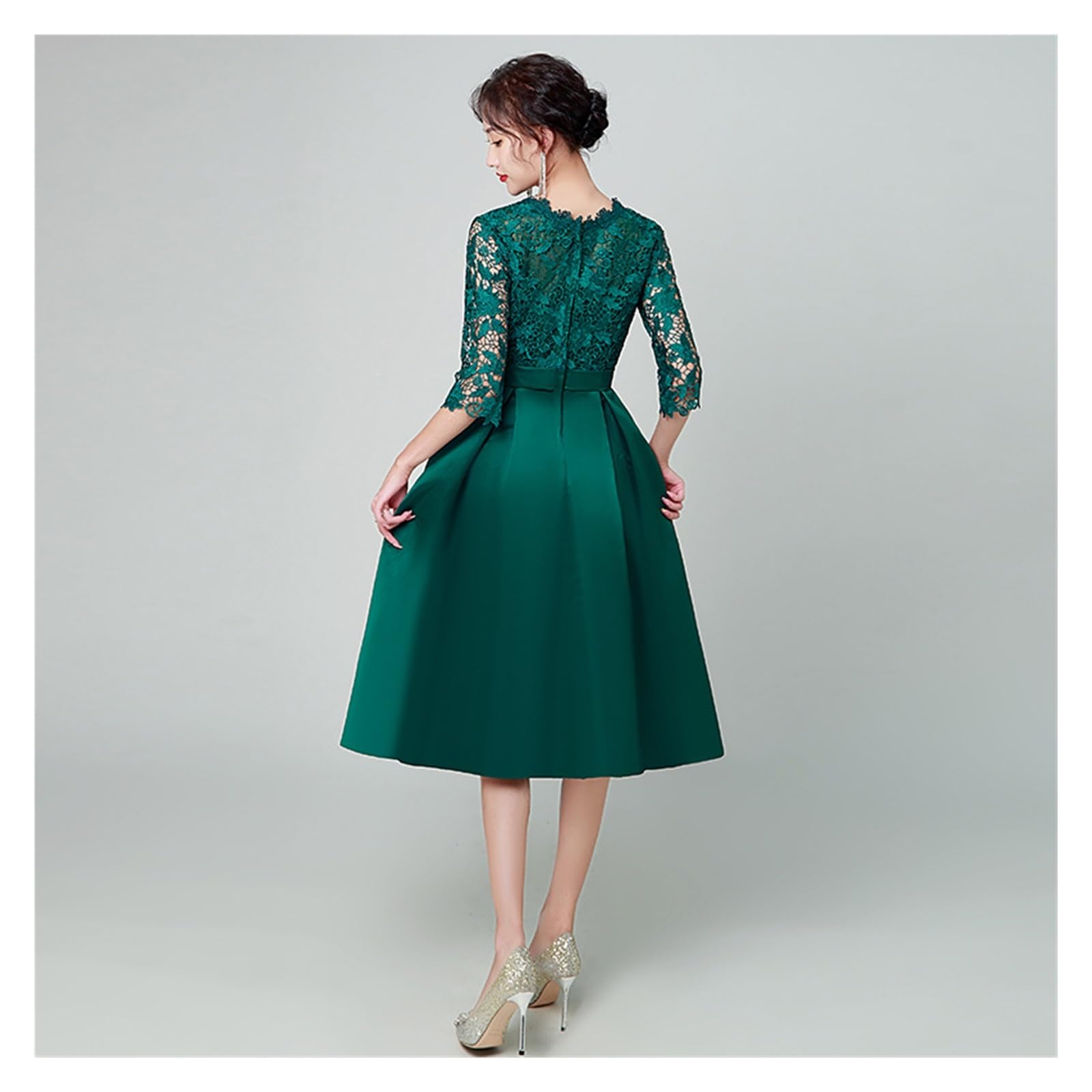 Vestidos de Dama de Honor Vestidos de Dama Honor Verdes for Boda, Encaje, Media Manga, hasta la Rodilla, satén, for, for Fiesta para la Noche