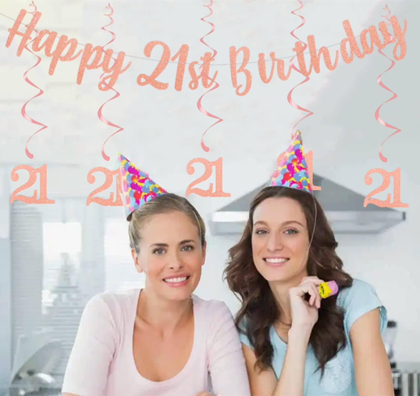Festone per 21° compleanno, decorazioni in oro rosa, per il 21° compleanno, con vortici da appendere, per ragazze, donne, adulti, compleanni, anniversari, feste