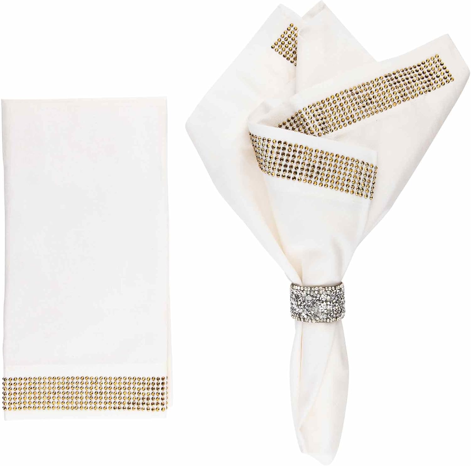 Stripe Napkin, Machine Washable Cloth, Sparkling Rhinestones Bonded to Linen Blend, for Formal Dining Table Setting, Event, Wedding, White & Gold, 20", Set of 2