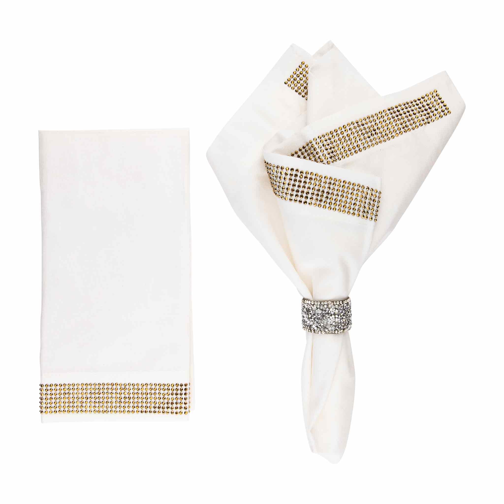 Stripe Napkin, Machine Washable Cloth, Sparkling Rhinestones Bonded to Linen Blend, for Formal Dining Table Setting, Event, Wedding, White & Gold, 20