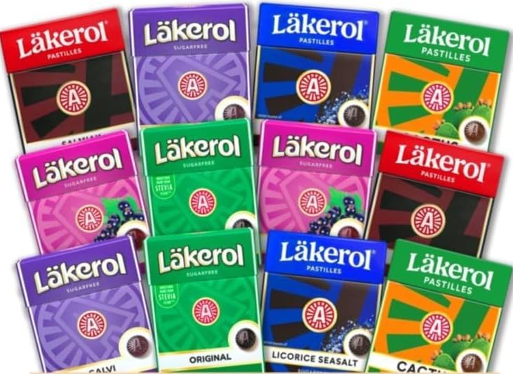 Lakerol Läkerol Sugarfree Pastilles 6-Flavor Variety: Two 0.8 oz packages each in a SOPOSOPO Pack (Total of 12 items) SÖPÖSÖPÖ Pack