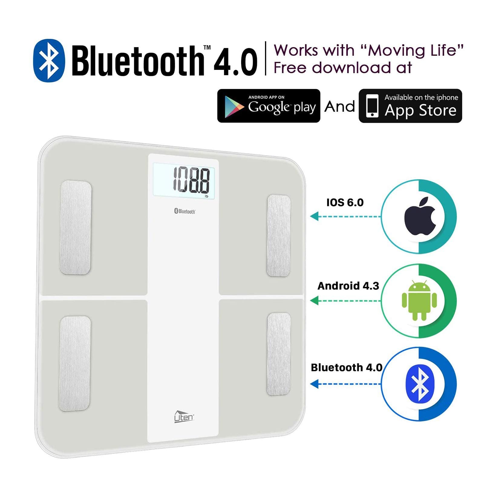Uten Chargement USB Pèse Personne, Balance Pèse-personne Bluetooth Numérique, Analyseur de Composition Corporelle, écran Rétroéclairé par LED, 180 kg （Blanc）