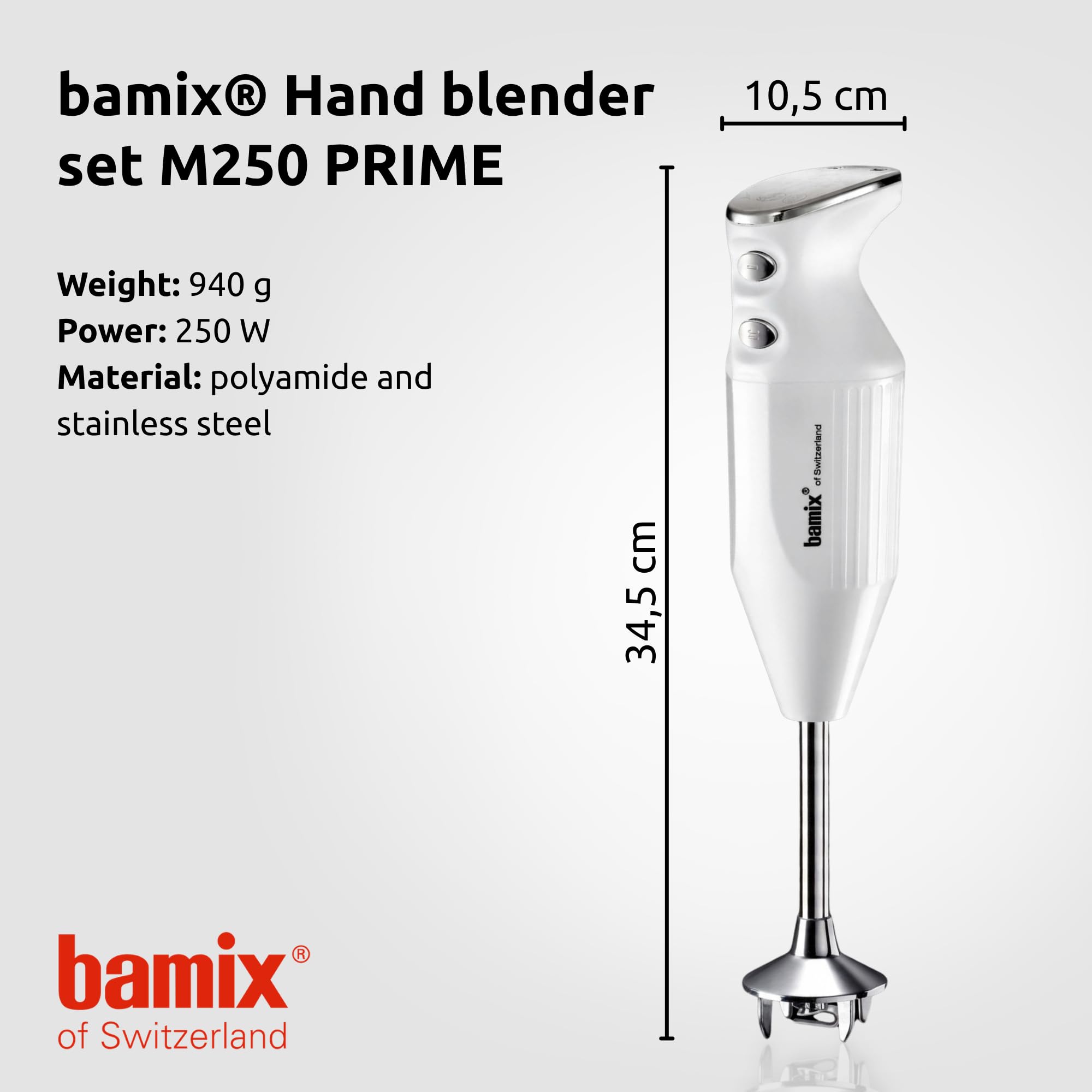 bamix M250 PRIME Zestaw blendera ręcznego z nożem wielofunkcyjnym, Trzepaczką, Tarczą ubijającą ze stali szlachetnej, 250 W, 2-stopniowy, Szwajcarski, Biały/Chrom