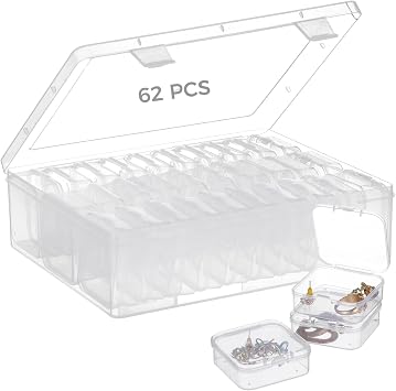62 PCS Bead Organizer Boxes Kit, Small Bead Organizers Storage Cases, 60 Mini Clear Bead Boxes and 2 Large Cases with Hinged Lid for Bracelet Making DIY Jewelry Craft
