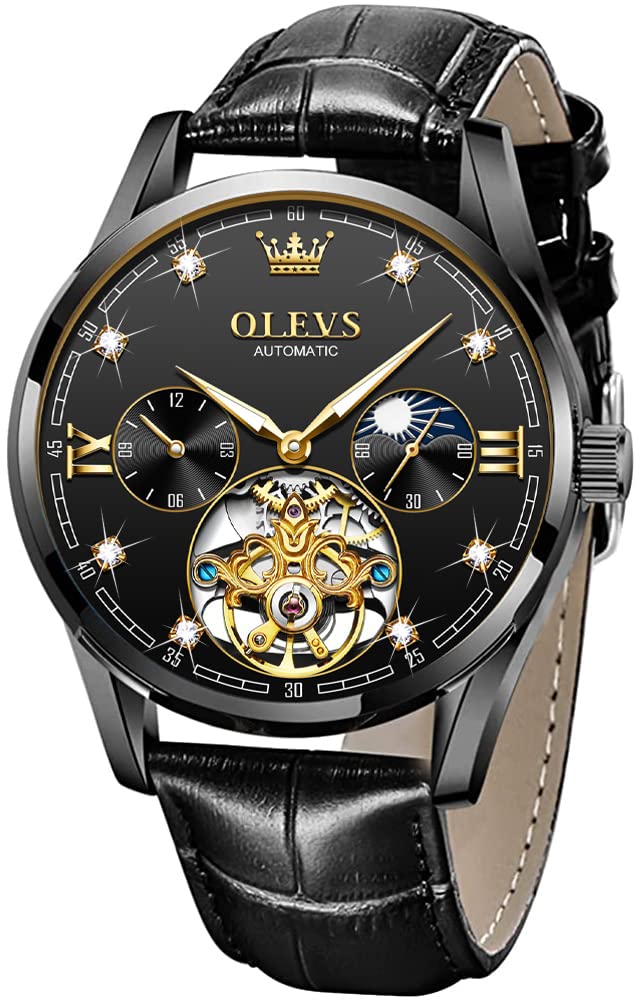 OLEVSOLEVS Mens Leather Watches Automatic Mechanical Skeleton Tourbillon Diamond Luxury Self Winding Dress Wrist Watches Moon Phase Waterproof Luminous