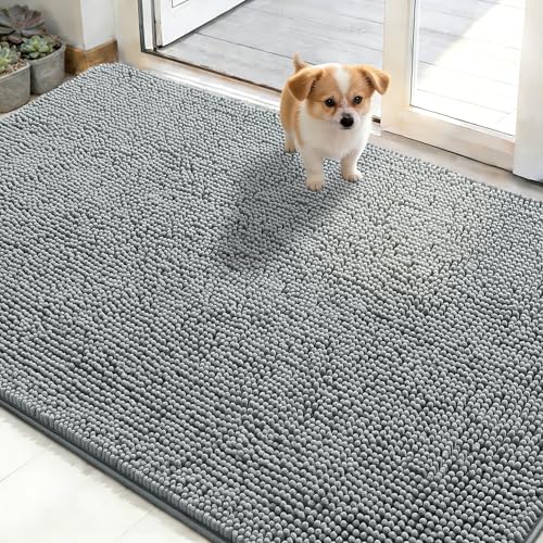 OLANLY Dog Door Mat for Muddy Paws 48x30, Absorbs Moisture and Dirt, Absorbent Non-Slip Washable Doormat, Quick Dry Chenille Mud Mat for Dogs, Entry Indoor Entryway Carpet for Inside Floor, Grey