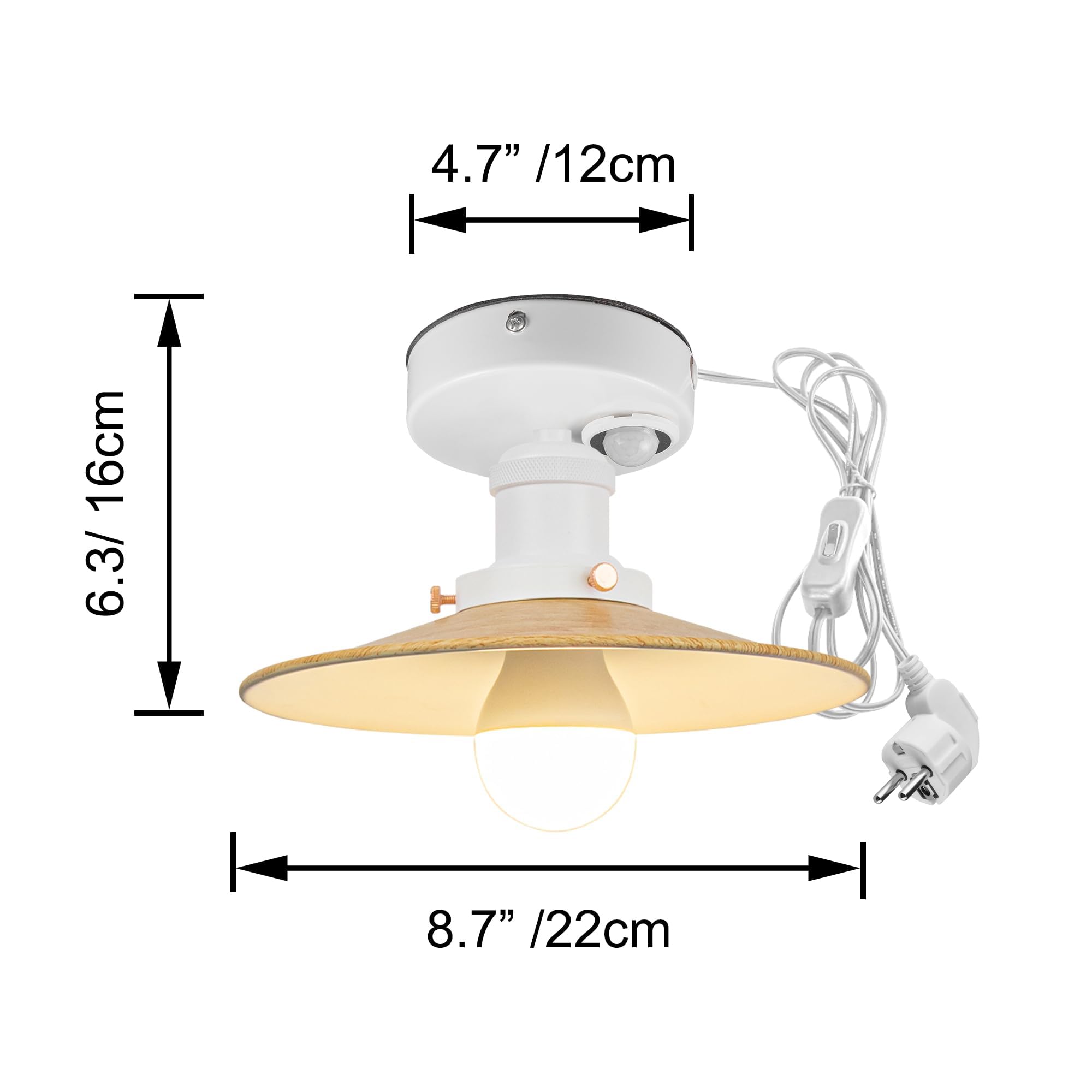 Plafoniera con sensore di movimento interno, lampada da soffitto in ferro industriale, sensore di movimento radar con cavo da 4,5 m e portalampada E27, per corridoio, bagno, scale, garage