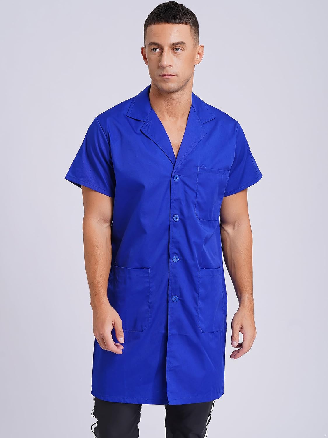 Oyolan Unisex Wear Resistant Work Coat Lapel V Neck Short Sleeve Front Button Dustproof Jacket Lab Coat