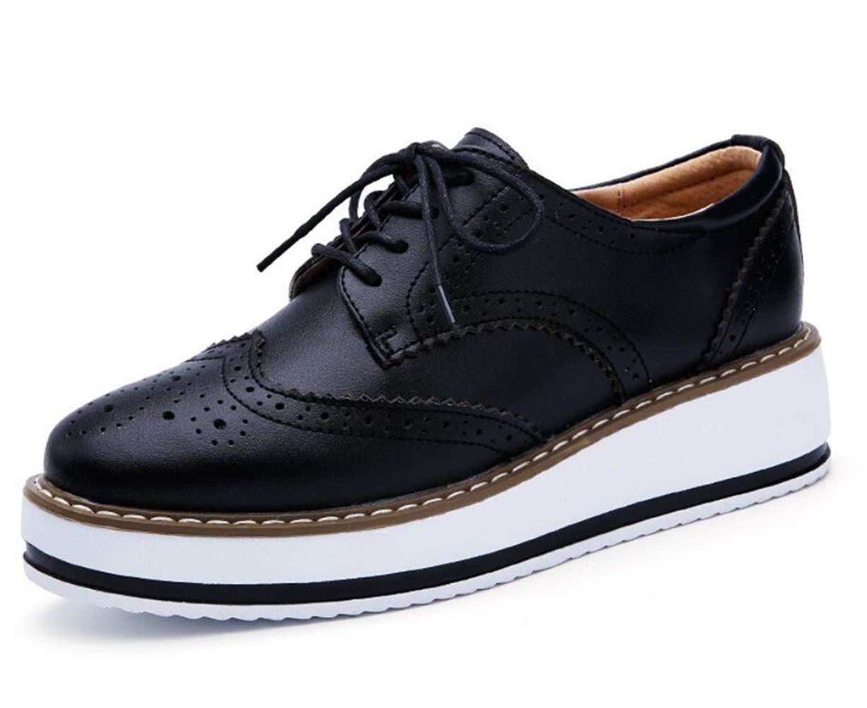 DADAWEN Women's Platform Lace-Up Wingtips Square Toe Oxfords Shoe Black Leather US Size 6.5/Asia Size 37/23.5cm