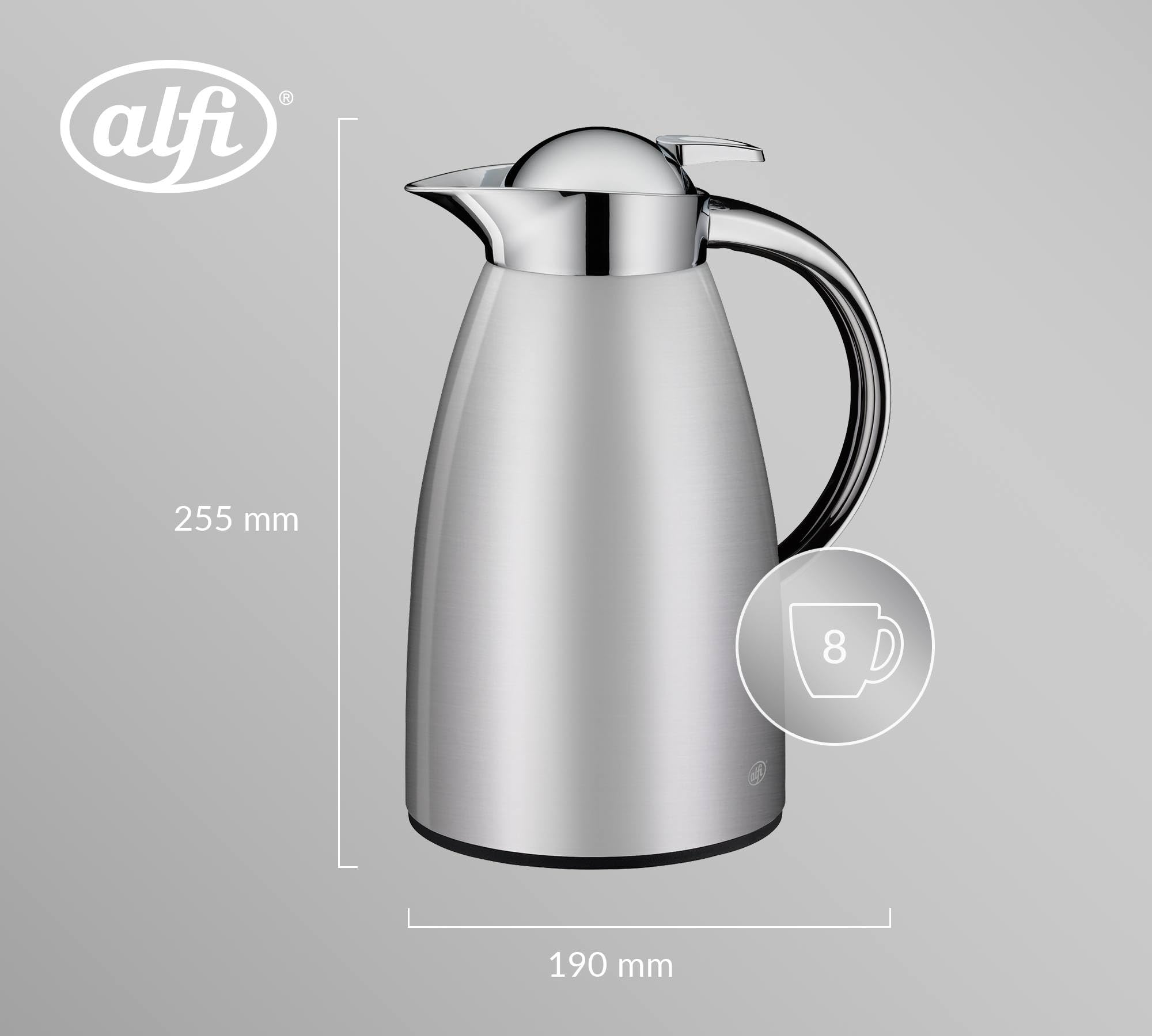 alfi SIGNO 1.0l, satin silber, Edelstahl-Isolierkanne mit hygienischem Hartglaseinsatz, Drehverschluss mit bequemer Drucktaste, ergonomischer Griff, mit einer Hand, ideal als Kaffeekanne, Teekanne