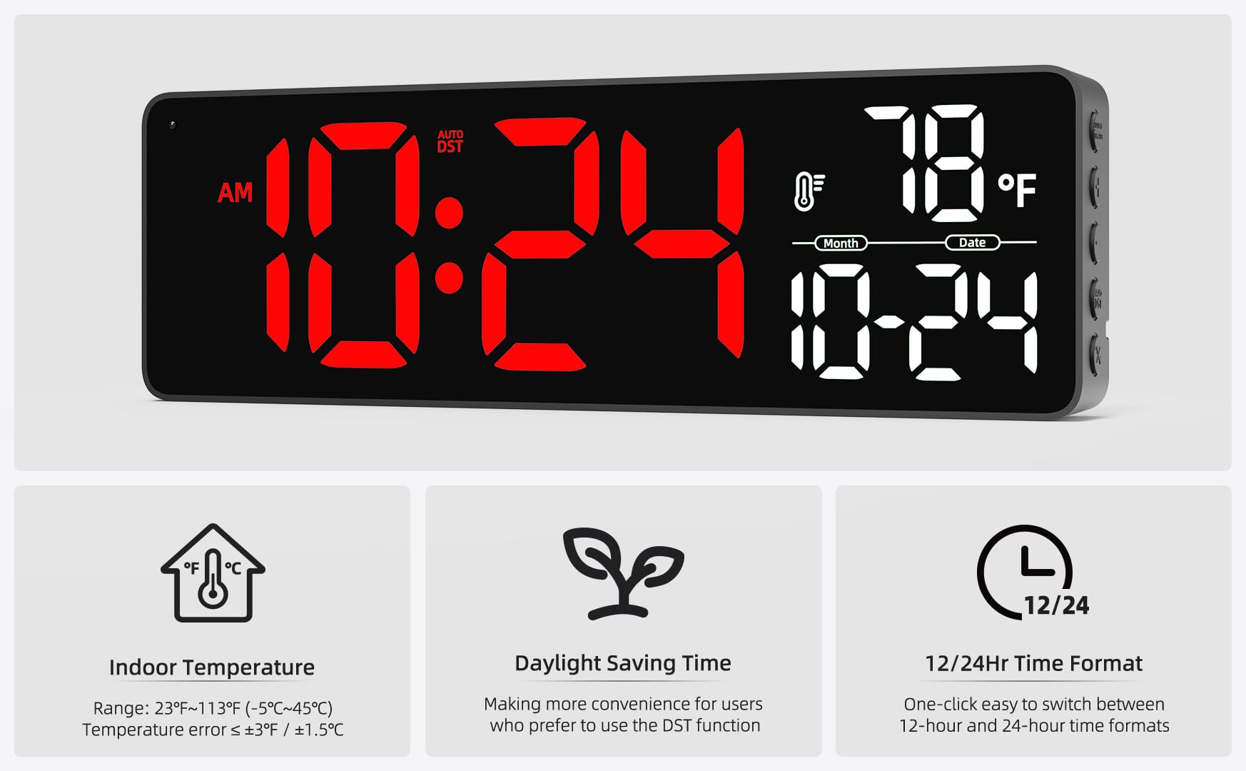 Grande orologio digitale da parete a LED con data, temperatura, auto-luminosità, auto-DST, grande orologio digitale per camera da letto, scrivania, aula, soggiorno, cucina, ufficio, palestra, fattoria