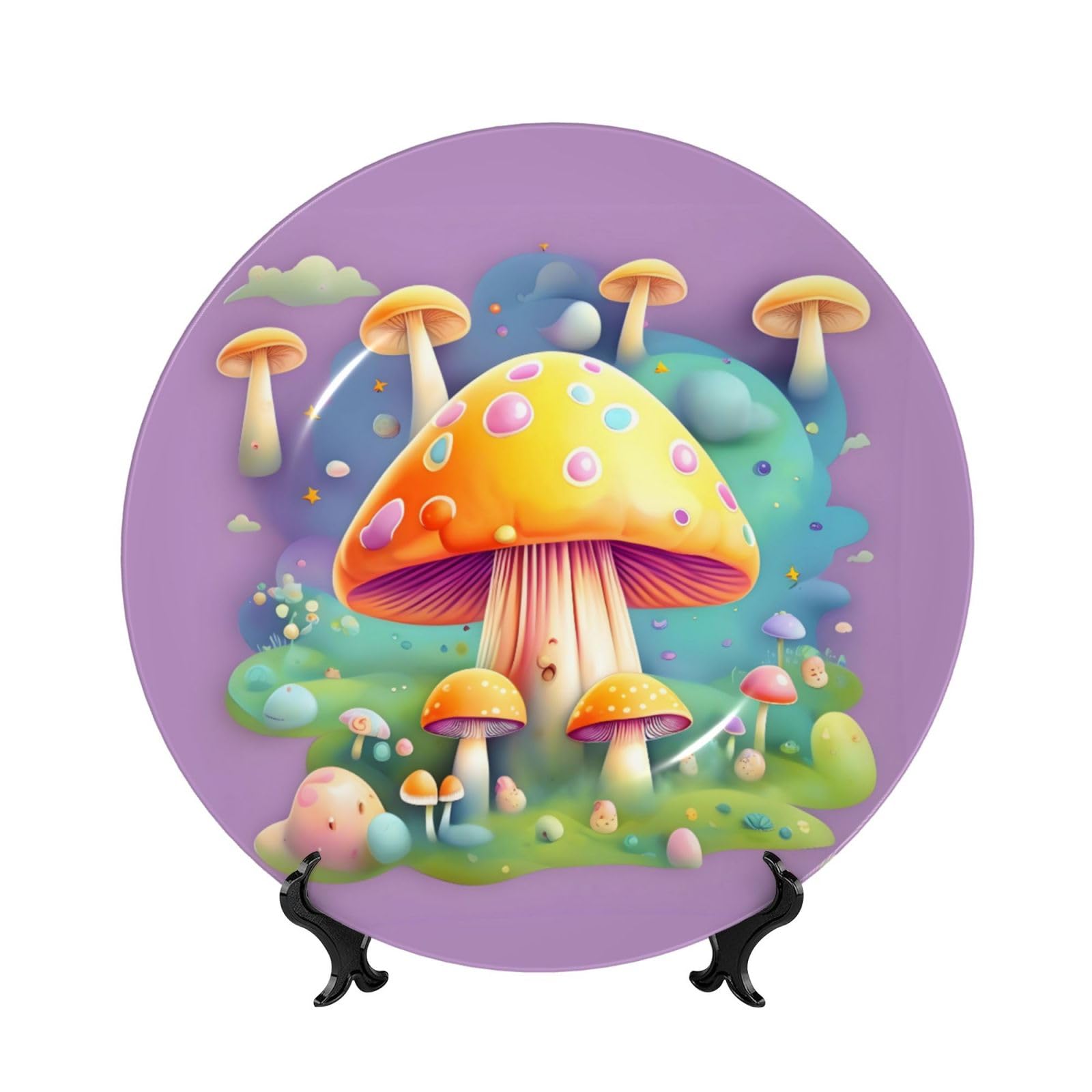 SXZVVBN Fantasy Dream Mushroom Bone China Decorative Plate Art with Stand Removable Adhesive Hanging for Home Office 7in