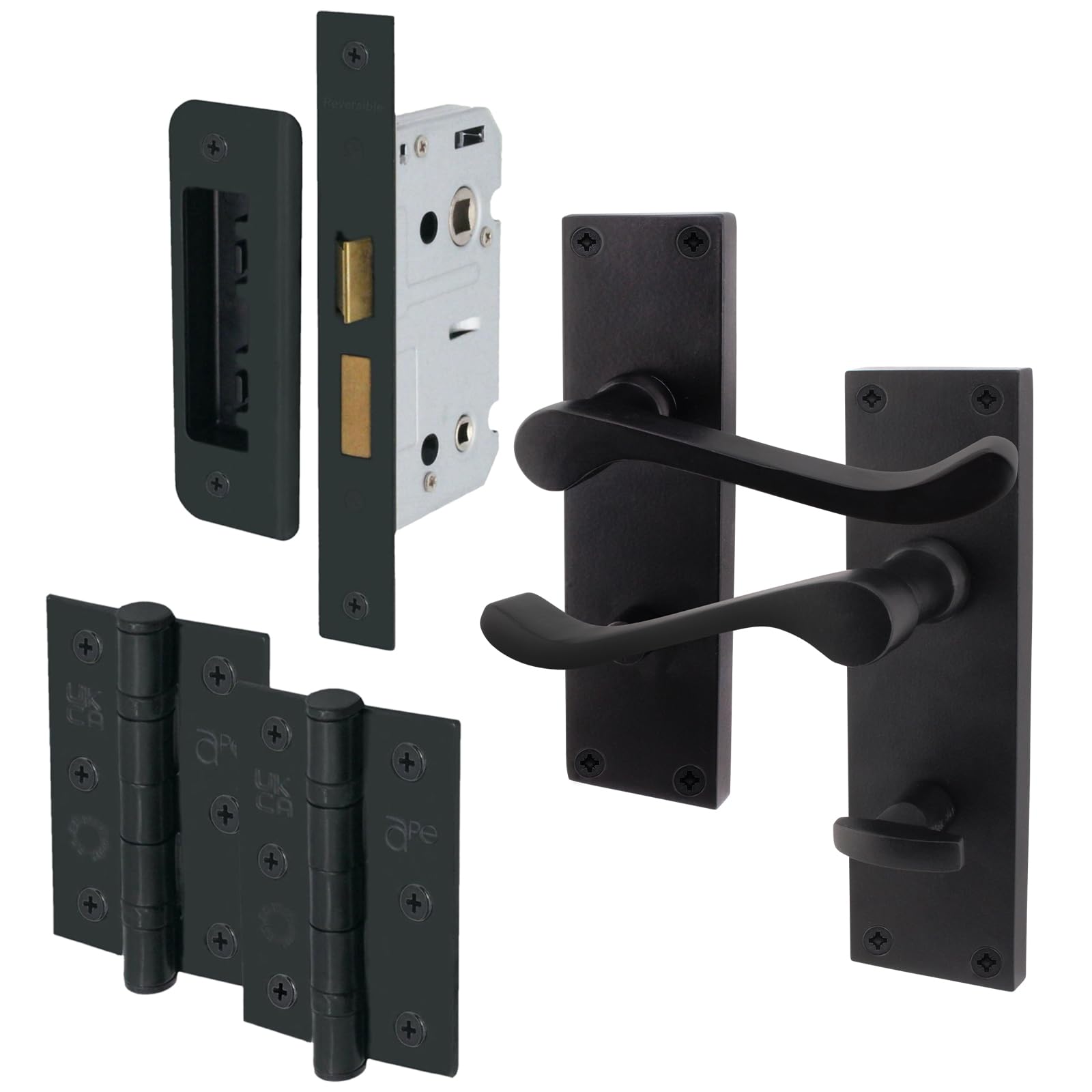 EAI Black Victorian Scroll Bathroom Door Handle Set | 1 Pair of Matt Black Internal Lever Handles on Backplate with Hinges (76mm) & Lock (64mm)