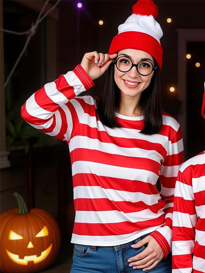 Waldo Red and White Striped Shirt Adult Men Women's Halloween Cosplay Costumes Funny Sweatshirt Outfit Glasses Suits - Image 5