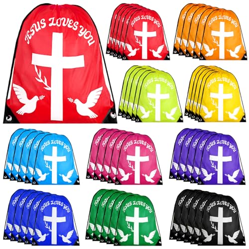 50 Pack Jesus Loves You Drawstring Backpack, 10 Bulk Easter Church s Christian Religious Bag Polyester Backpack, Bible Verse Party for FAVORS for Bible School, Easter Bags