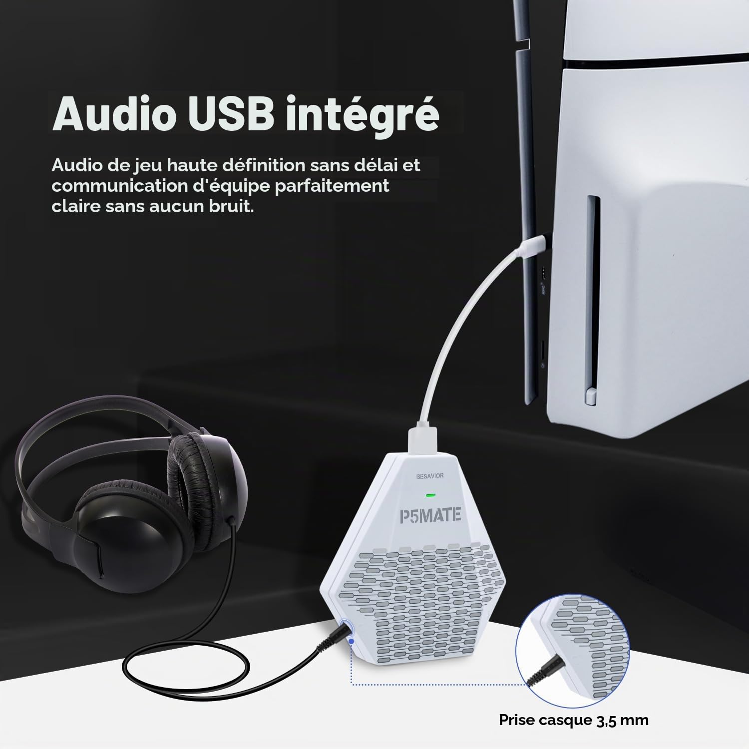 Besavior P5 Mate Adaptateur USB pour PS5/PS5 Slim, Convertisseur de Jeu PS5 Accessoire prend en charge les jeux multijoueurs, faible latence, compatible avec plusieurs manettes/périphériques/casques/m