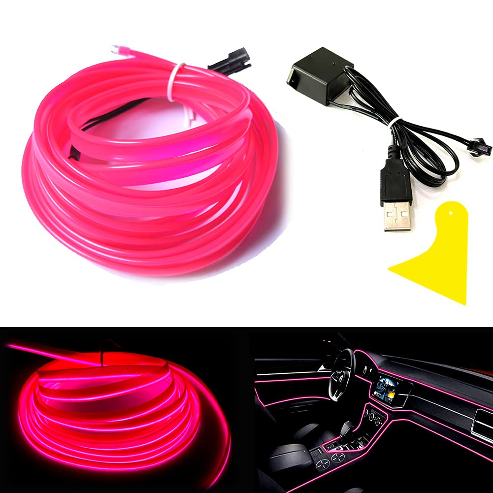 Balabaxer El Wire Pink Interior Car LED Strip Lights, 10M Neon Wire USB 5V with Fuse Protection for Automotive Car Interior Decoration with 6mm Sewing Edge