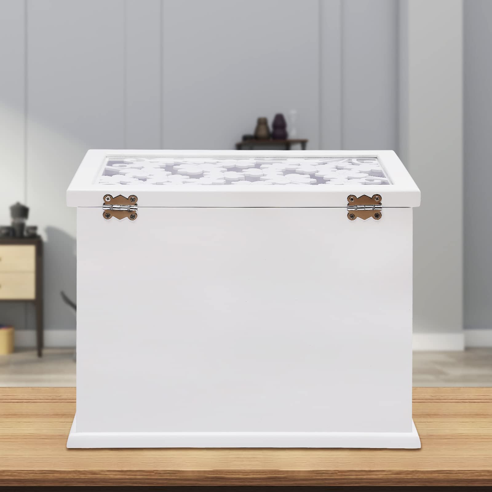Szkatułka na biżuterię z drewna paulowni z aksamitem – 6 poziomów, 31 x 20 x 24,5 cm, biała – wzór vintage z rzeźbieniem w kwiaty śliwy – wolnostojąca