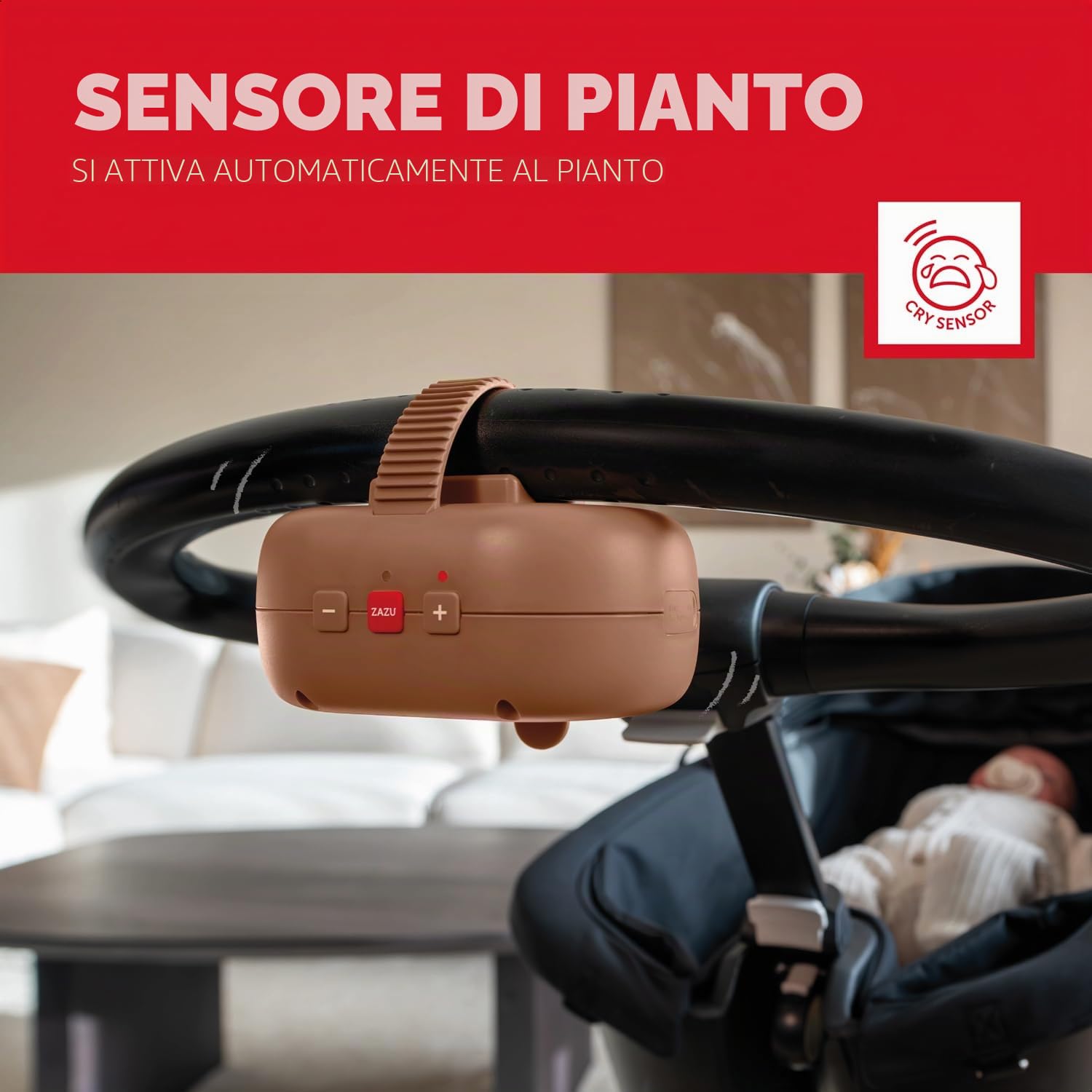 ZAZU Robby Bilanciere Automatico per Passeggini, Seggiolini Auto e Amache - Altalena Regolabile, Timer 40 Min, Sensore di Pianto, Ricaricabile USB-C, Resistente all'Acqua, Universale (Marrone)