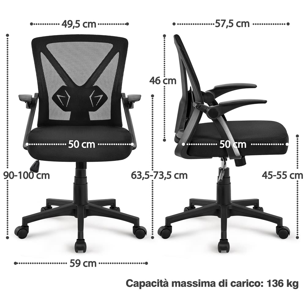 Yaheetech Sedia da Ufficio Scrivania Ergonomica Lombare con Braccioli Altezza Regolabili Ruote Girevoli Schienale in Rete Traspirante Portata 136 kg Nera