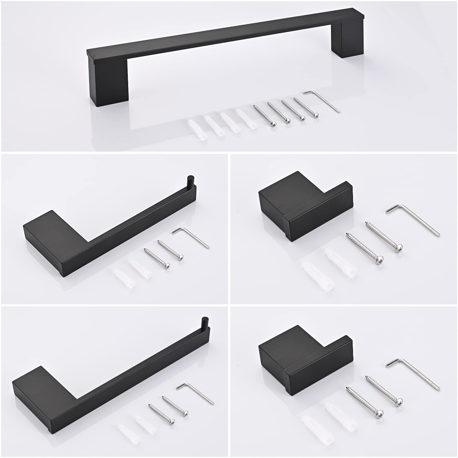 Accesorios Baño Set de 5 Piezas, Toalleros de Baño de Pared Aluminio, Toallero 40cm, Toallero de Papel y Gancho para Toalla de Baño, Colgador Toalla Baño Juego Cuartos Set de Baño, Negro
