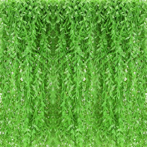 Riceshoot 24 Pcs Artificial Hanging Vines Fake Weeping Willow Leaves Decor Fake Seaweed Artificial Vines Greenery Garland For Wedding Party Backdrop Wall Decor Garden Patio Backyard (Fruit Green)