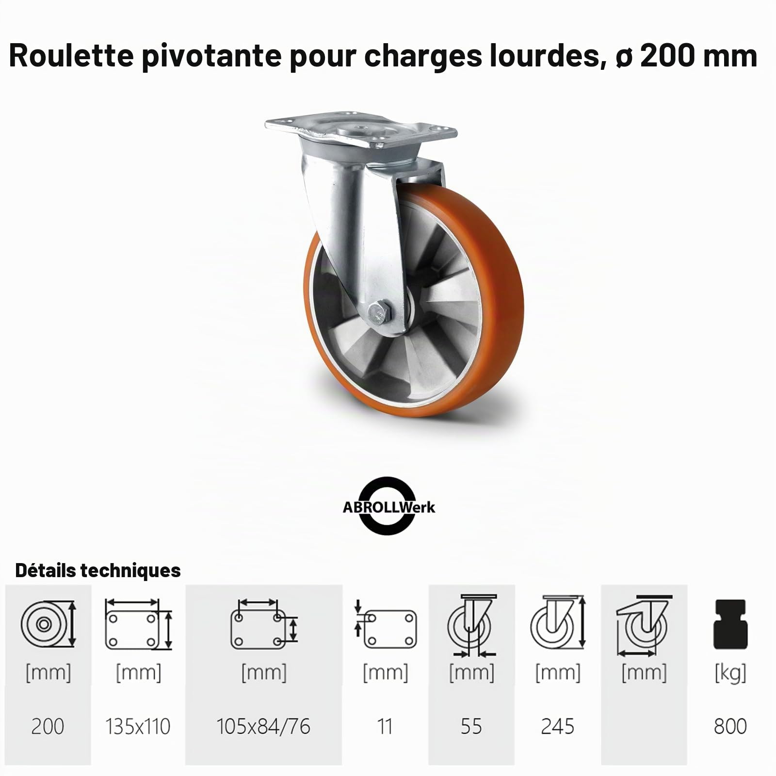Lot de 4 roulettes pour charges lourdes 200 mm - Charge maximale 1800 kg - 2 roulettes pivotantes avec frein et 2 roulettes pivotantes - Surface de roulement en PU et corps en aluminium
