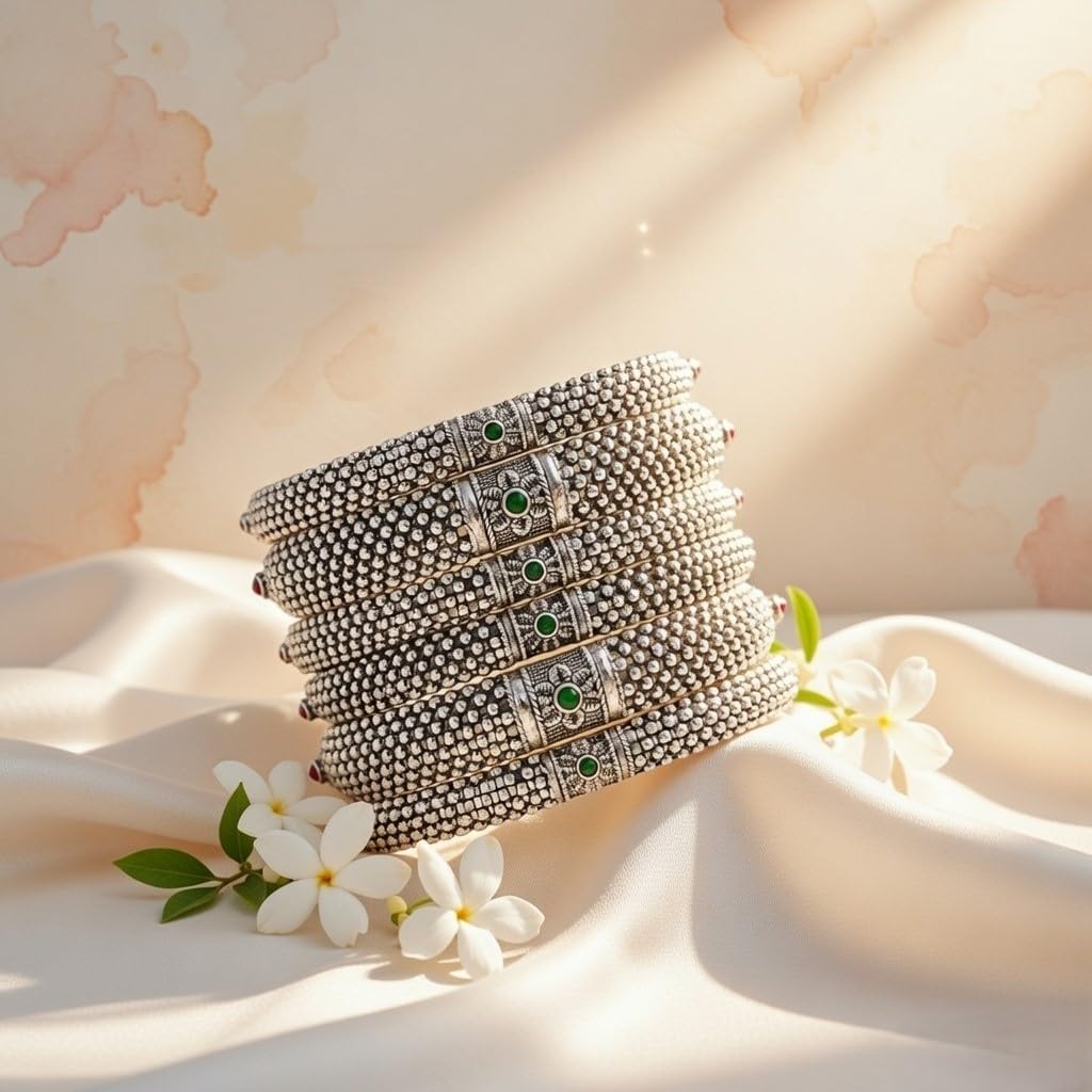 Efulgenz Indian Bangles for Women Oxidized Antique Bracelet Bangle Set Boho Oxidized Crystal Floral Bracelet Bangles Bollywood Wedding Fashion Jewelry (6 Pcs)