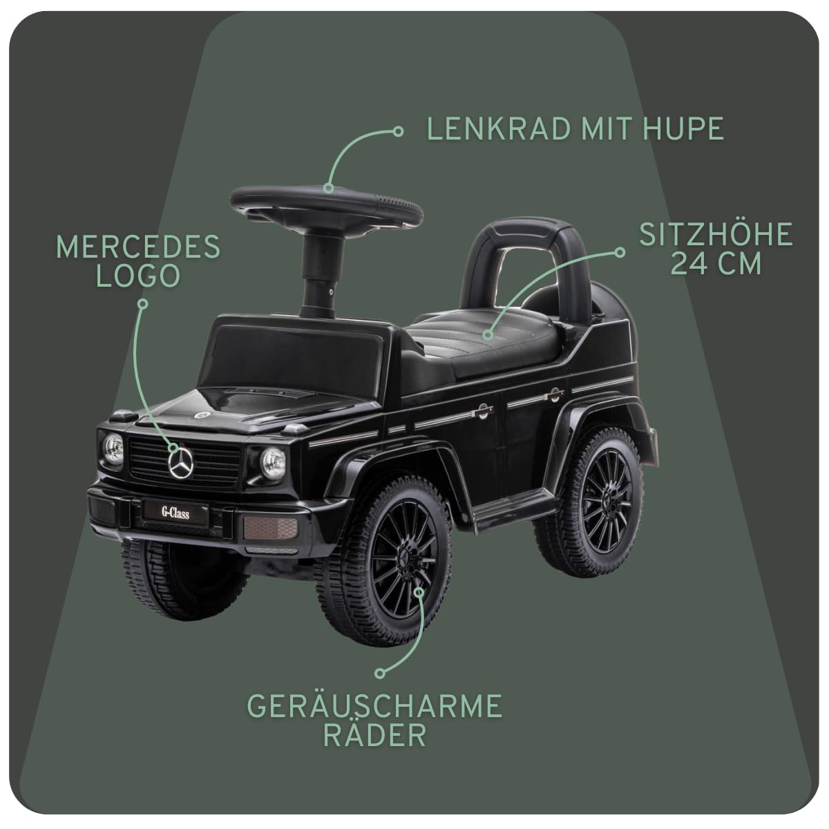 Bandits & Angels Rutschauto Laufwagen Mercedes Benz G350D Schwarz ab 1 Jahr für Jungen und Mädchen – Fördert die Motorik – Laufwagen 24 cm – Laufwagen in Schwarz