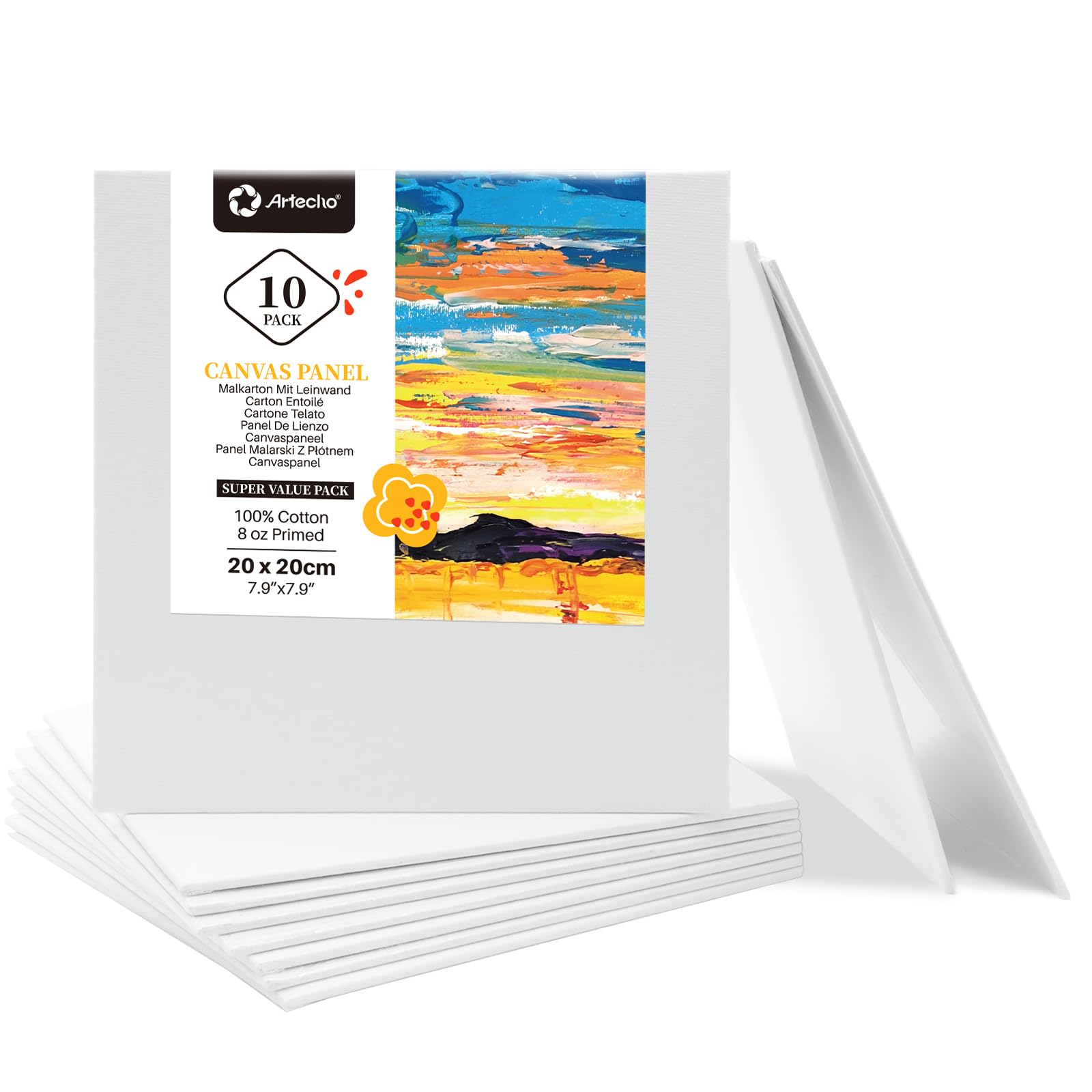 Artecho Canvas Panels for Painting, 20 x 20 cm, 10 Pack, 100% Cotton