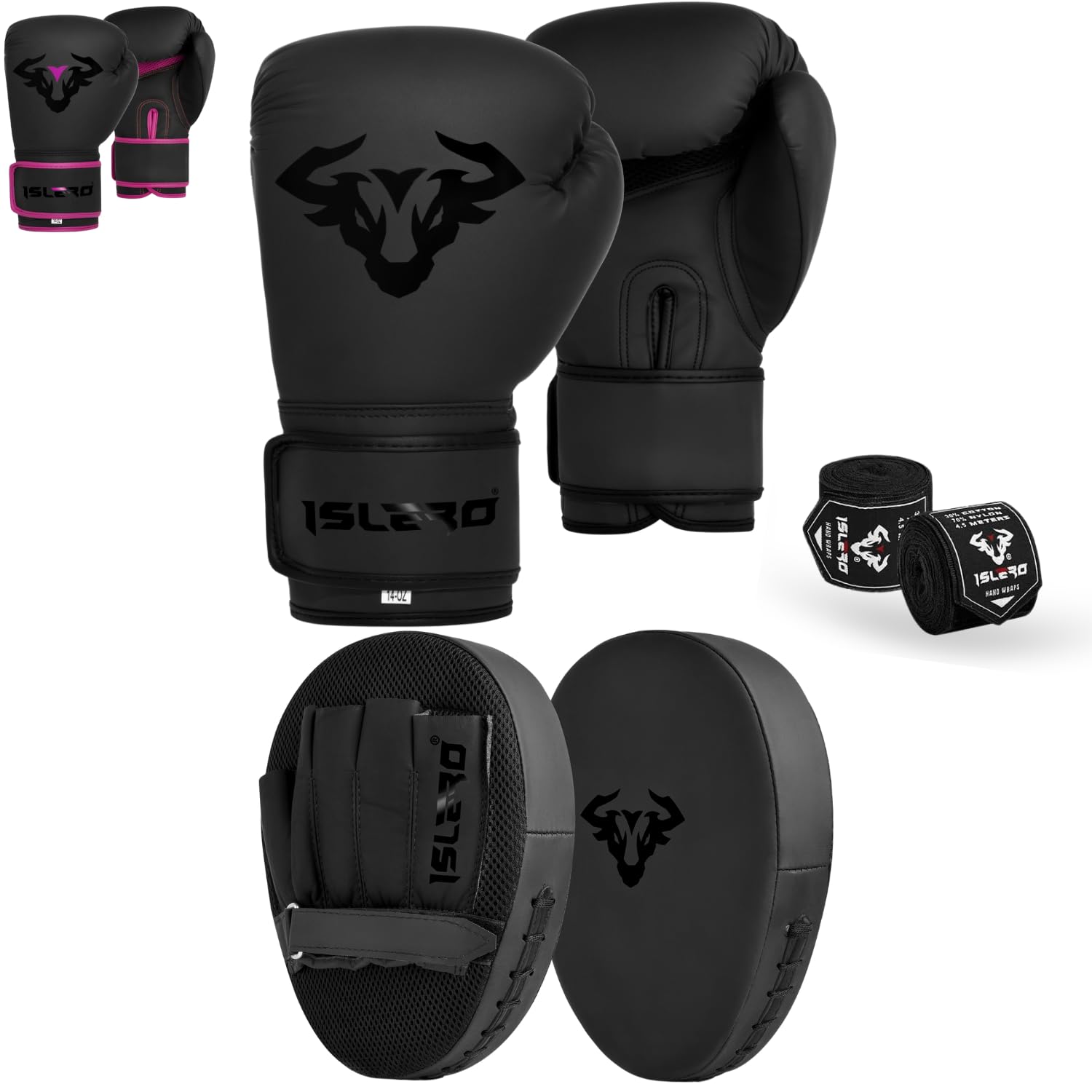 Islero Boxing Gloves And Pads Set Focus Pads Mitts Hook And Jab Hand Target Strike Shield Training Sparring MMA Martial Arts Muay Thai Kickboxing Karate Men Women (Black, 16 OZ)