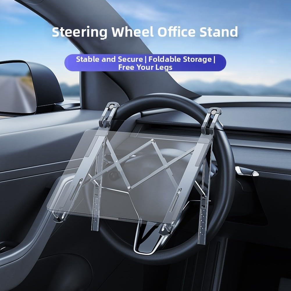 Soporte plegable ajustable para laptop para volante de coche, bandeja de aluminio resistente con cerradura (plata)