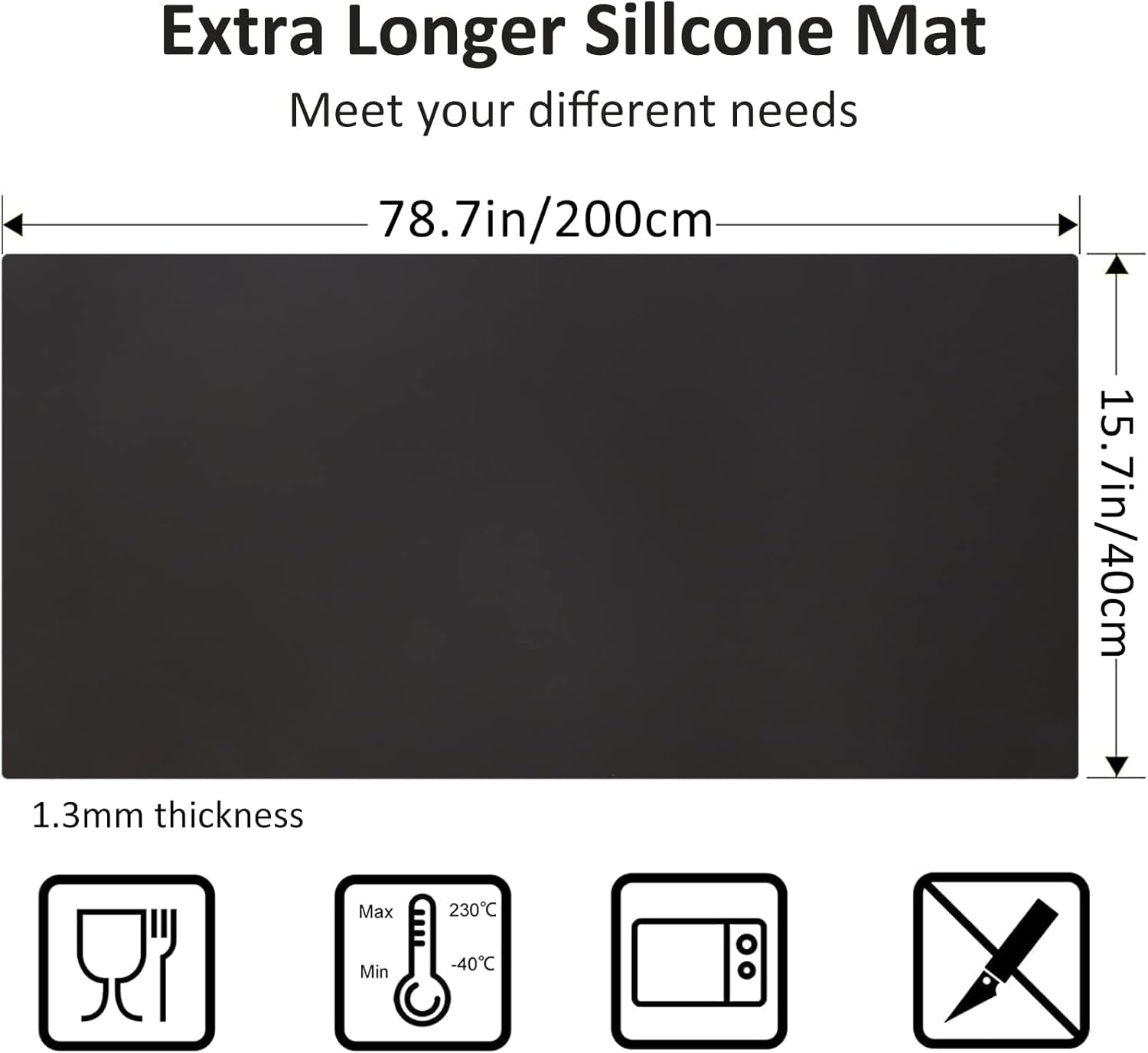 Große hitzebeständige Silikonmatte, 199,9 x 39,9 cm, rutschfeste Silikon-Platzmatte für Arbeitsplatten, antihaftbeschichtet, wasserdicht, Tischunterlage für Küche und Esszimmer, schwarz