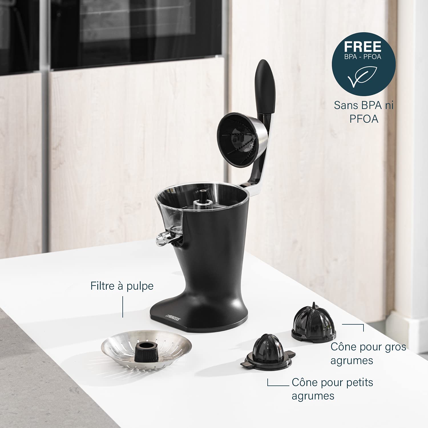 Princesse Presse-agrumes – Levier de pression – 300 W – Acier inoxydable – Noir mat – Facile à nettoyer – 201857