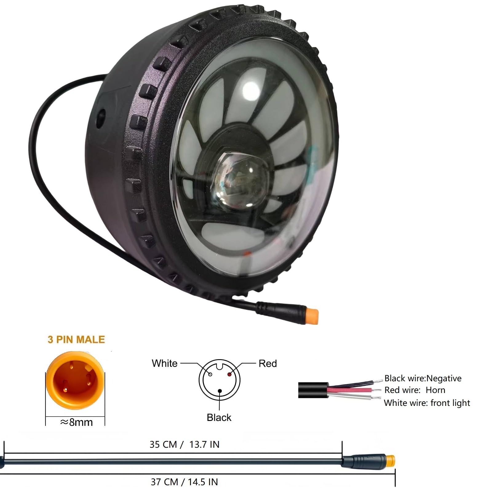 Luci Anteriori per e-Bike con clacson per Bici elettrica con Pneumatici Larghi, connettore a 3 Pin 48-36V, Impermeabile, a LED, Colorate, Faro per Mountain Bike per la Guida nottur