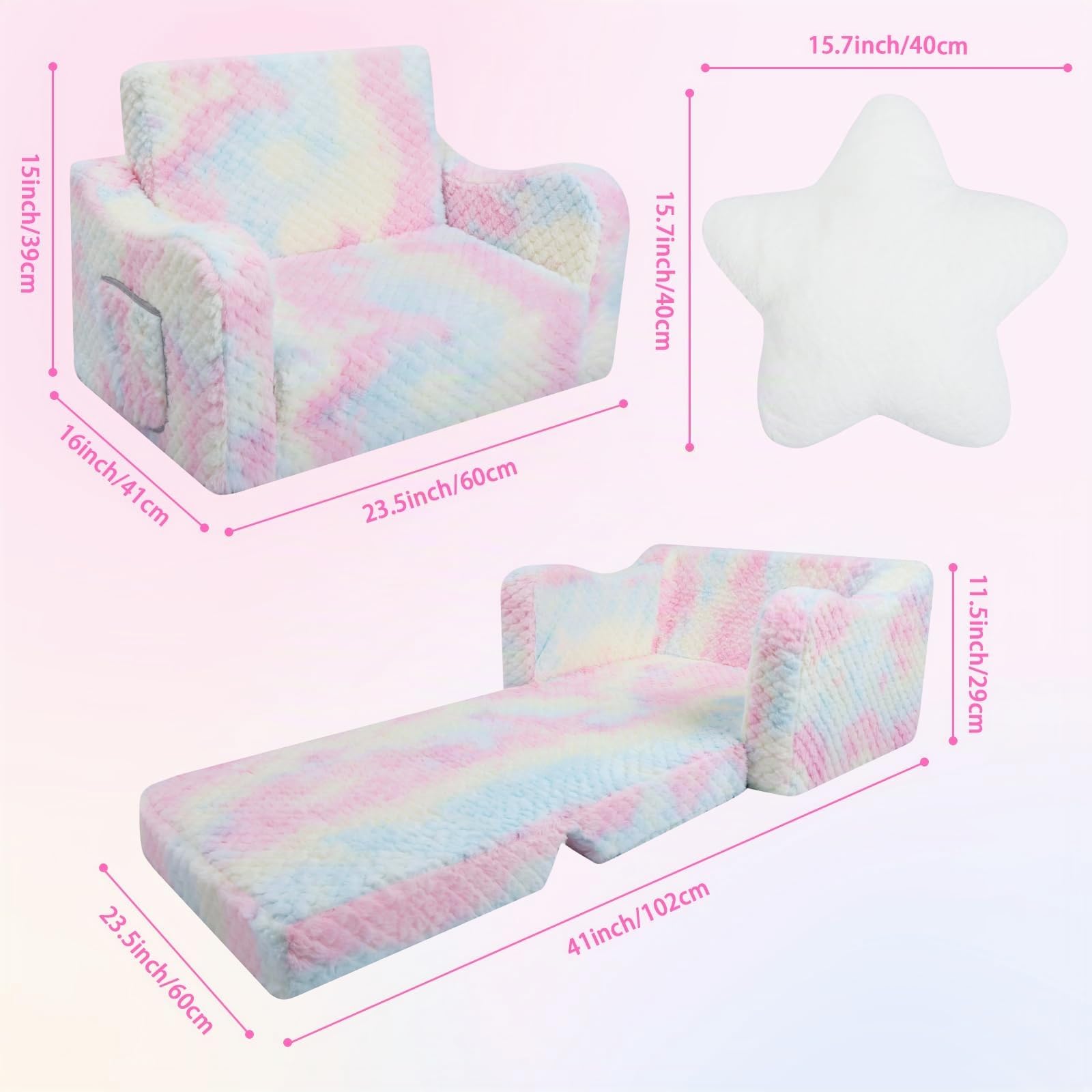 Divano Bambini Trasformabile 2-in-1,Poltroncina Pieghevole per Bambini Ragazze con Cuscino a Forma di Stella ,Comoda Divano Letto per Bambini per Camere da Letto e Soggiorno,Rosa Griglia Diamantata